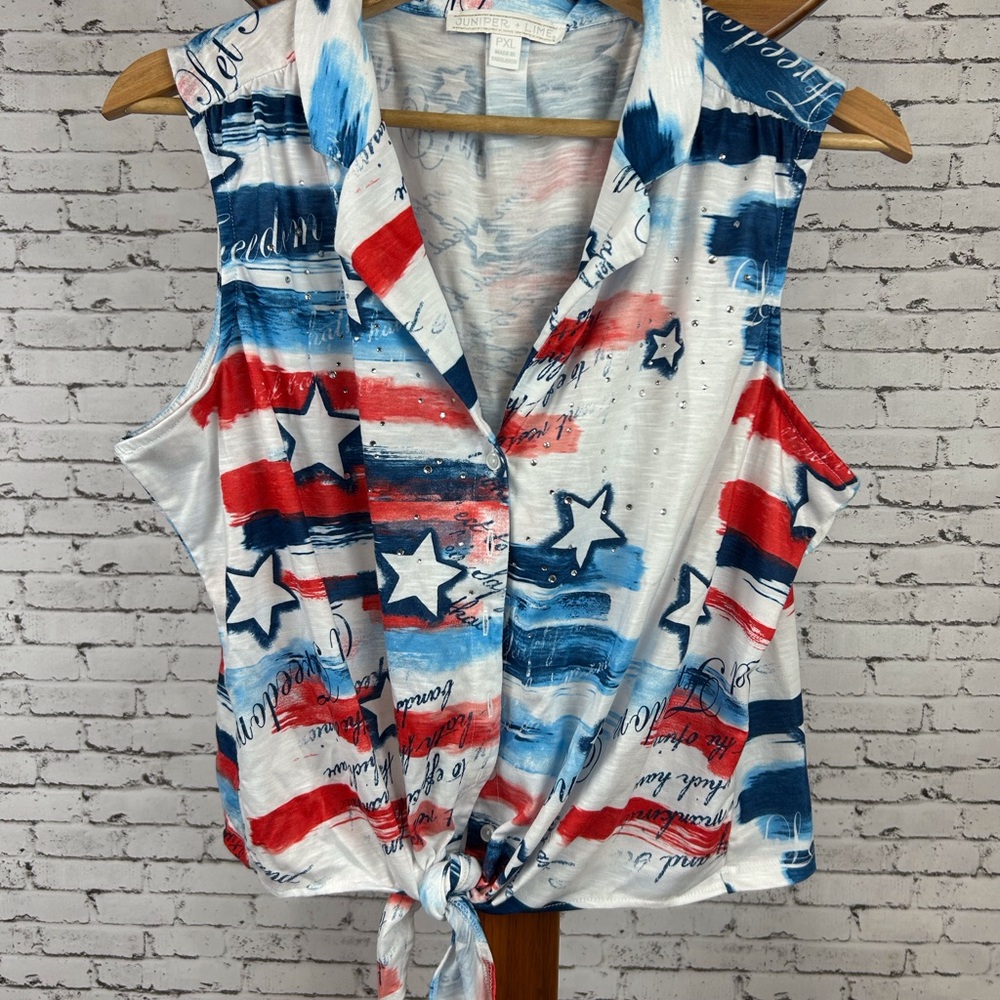 Patriotic Red, White and Blue Sleeveless Tie-Front Button Down Shirt size PXL